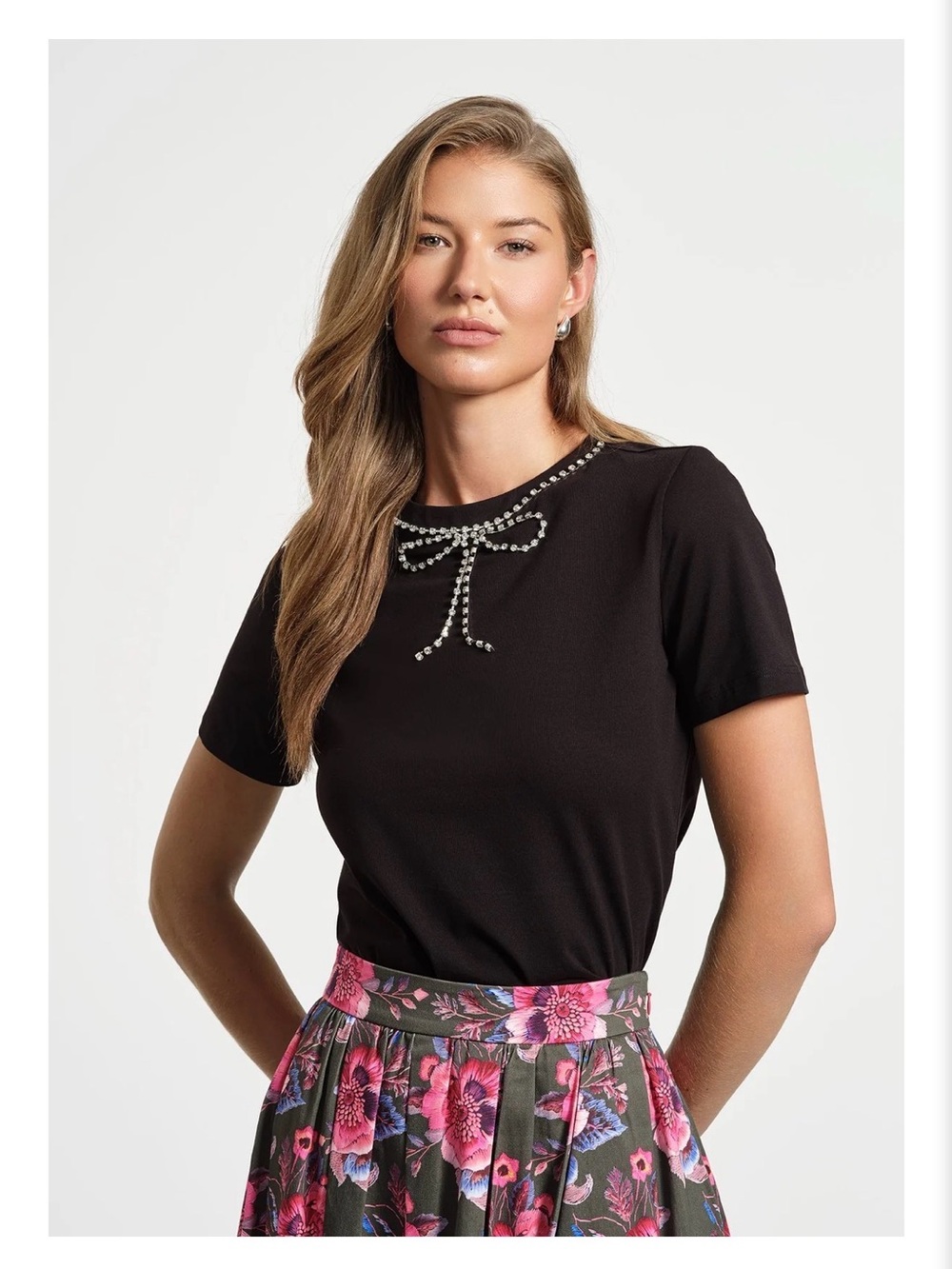 Isaac Mizrahi Black Short-Sleeve Top with Rhinestone Bow Detail